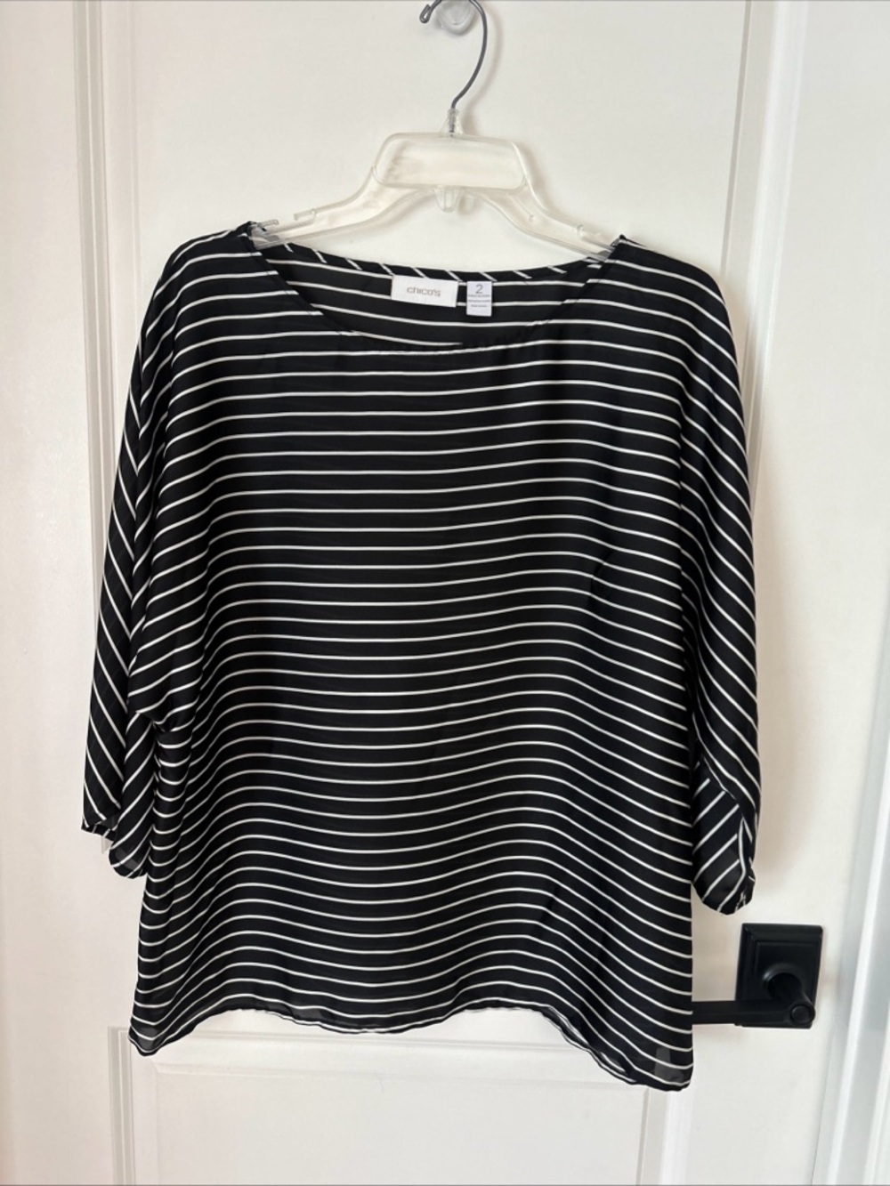 Chico's Black & White Striped Silky Boxy Fit Blouse Top